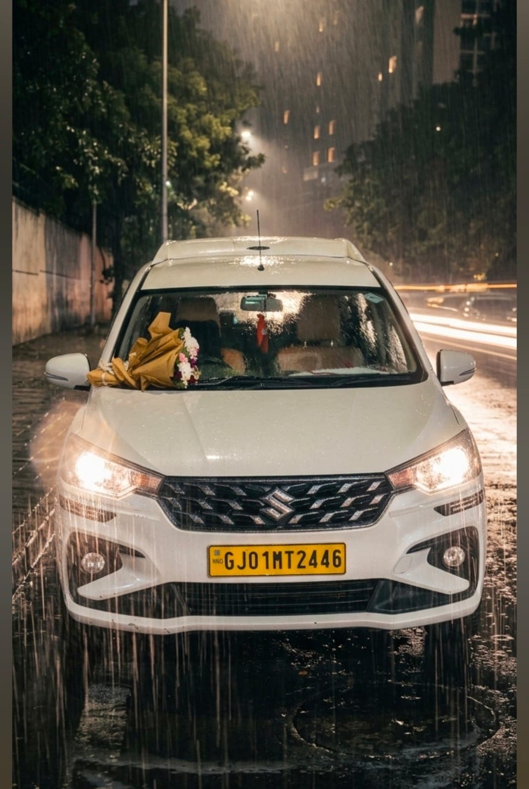 Premium white taxi driving on scenic mountain road